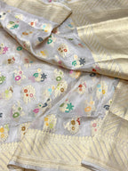 White Katan Tissue Pure Handwoven Saree