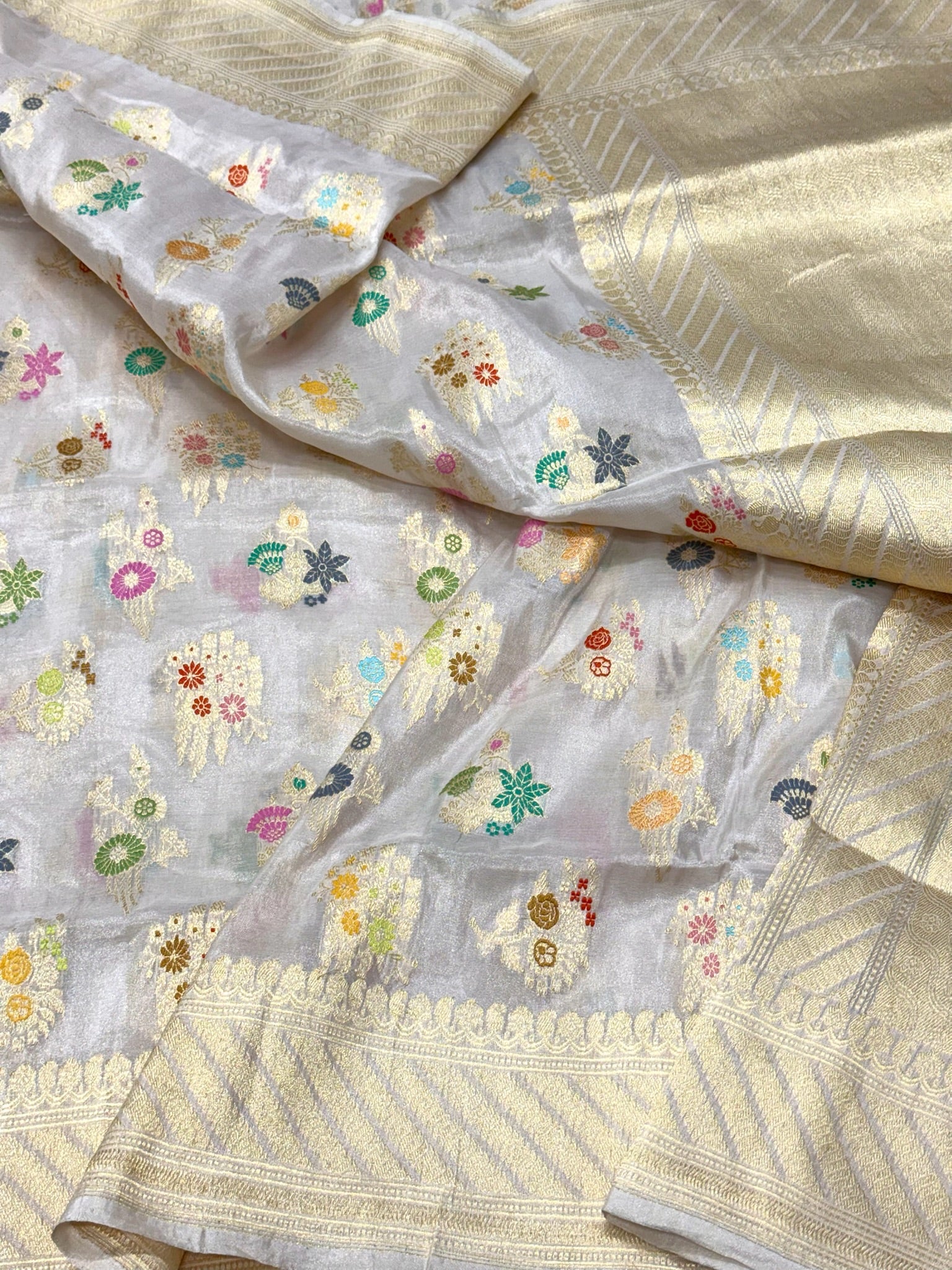 White Katan Tissue Pure Handwoven Saree