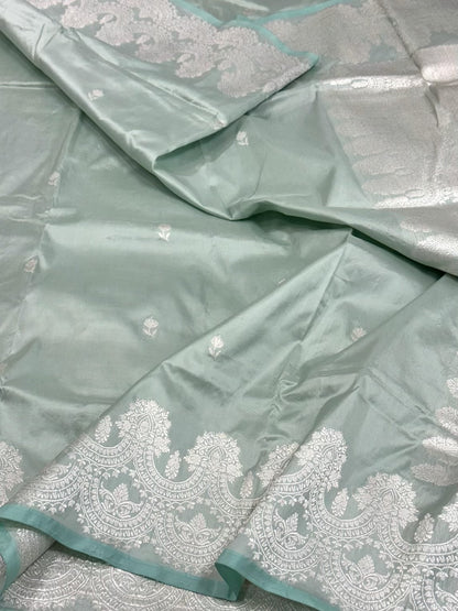 Light Teal Green Pure Katan Silk Kadhua weave Handwoven Banarasi Saree