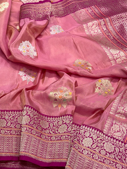 Onion Pink Pure Katan Tissue Silk | Kadhwa + Kadhiyal Technique | Handwoven Banarasi Saree - Drape Yourself In Luxury