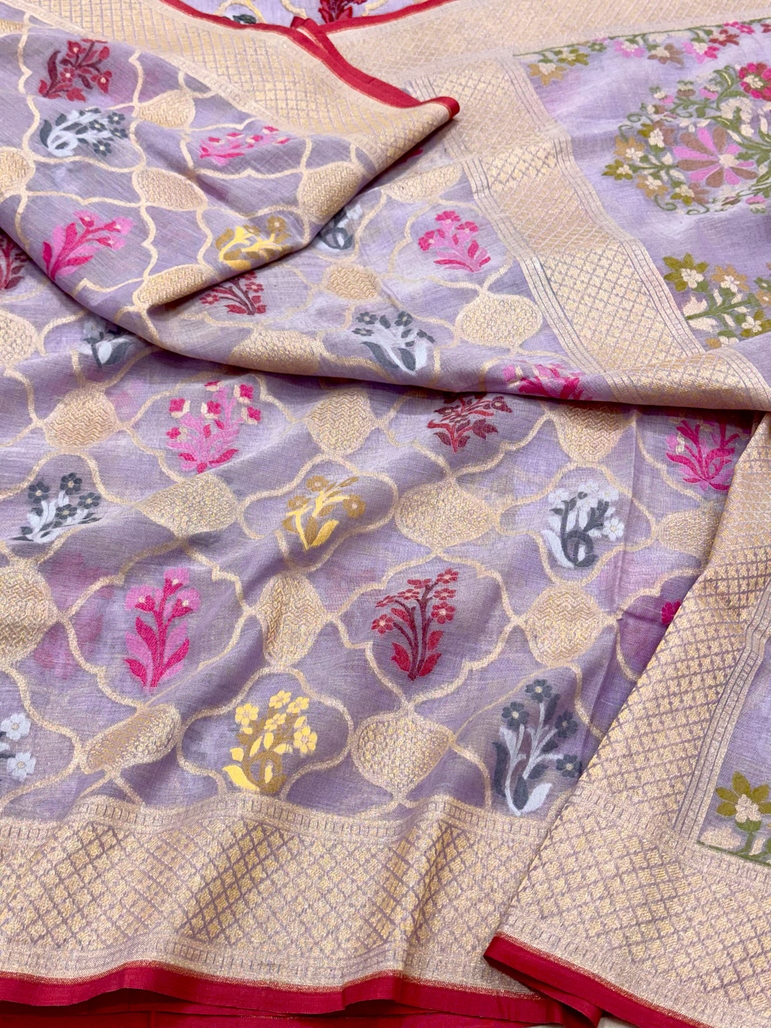 Dusty Lilac Pink Pure Muslin Cotton Ektara Jamdani Handloom Banarasi Saree