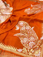 Orange Pure Tussar Georgette Handwoven Banarasi Silk Saree