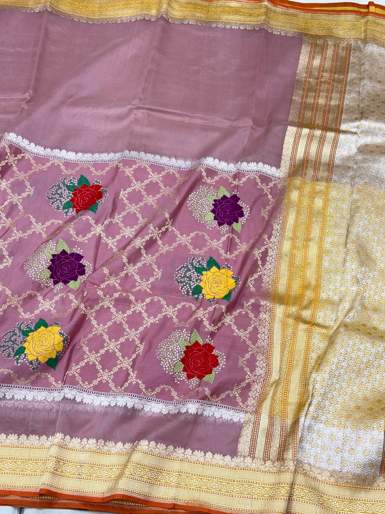 Mauve Pink Pure Kora Mulberry Silk Handwoven Contemporary Banarasi Saree - Kadhwa Technique | The Modern Heirloom