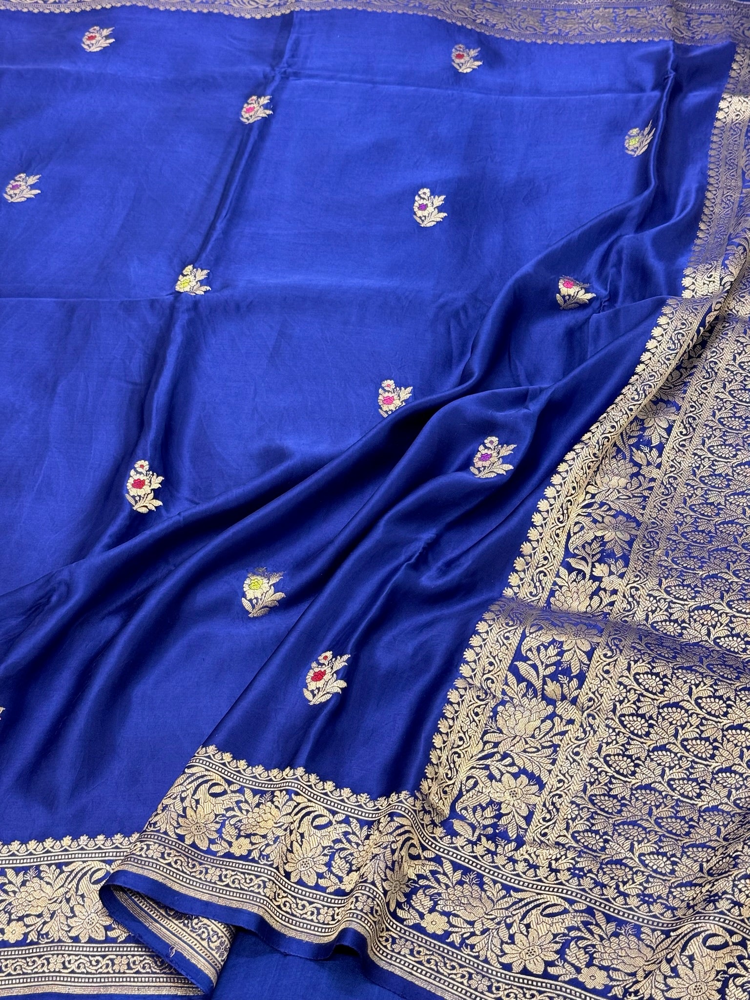 Royal Blue Pure Mashru Satin Silk Handwoven Banarasi Saree
