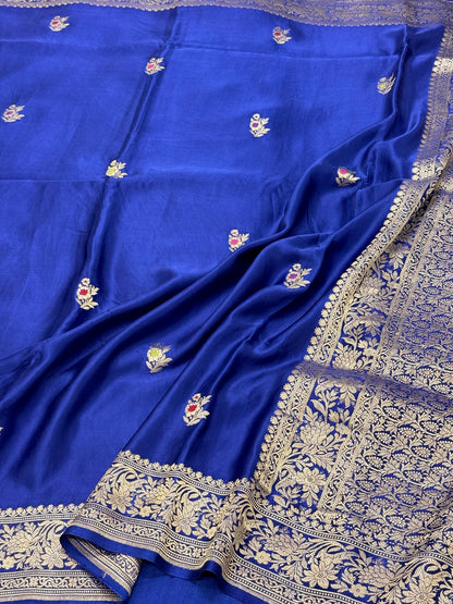 Royal Blue Pure Mashru Satin Silk Handwoven Banarasi Saree