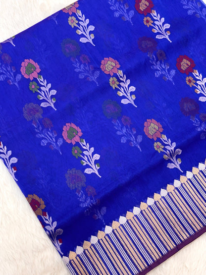 Deep Blue Pure Kora Organza Silk Jamdani Handwoven Banarasi Saree |Ektara Weave|