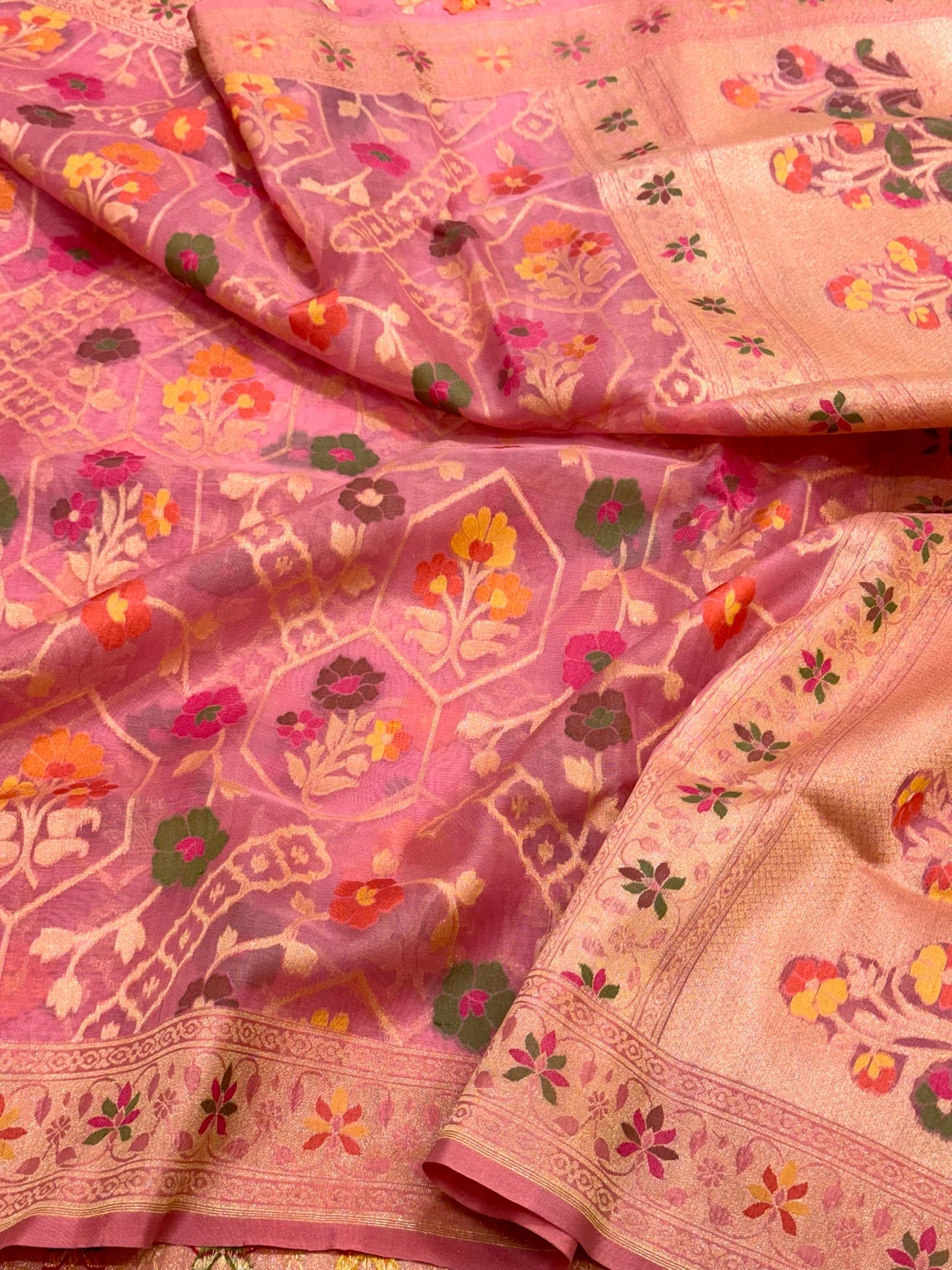 Pink Handloom Banarasi Ektara Weave Saree | Pure Mulberry Kora Silk ( Organza ) Jamdani Banarasi Saree