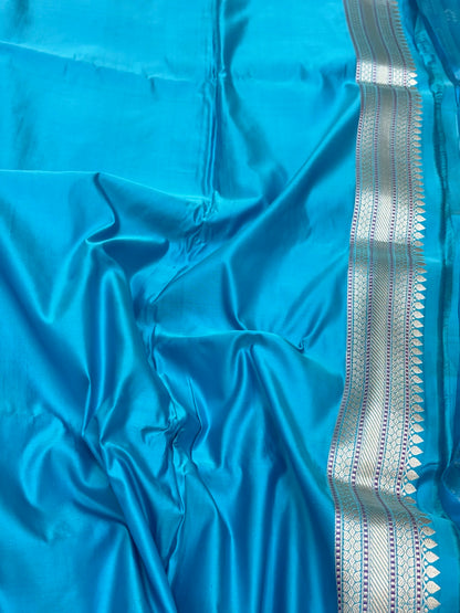 Sky Blue Pure Satin Silk | Kadhwa + Tanchoi Weave | Handwoven Contemporary Banarasi Saree