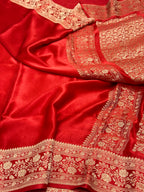 Red Mashru Satin Silk Pure Handwoven Saree