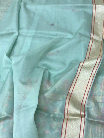 Aqua Blue Pure Kora Silk Jamdani Handwoven Banarasi Saree - Pure Mulberry Silk Skirt Border Saree
