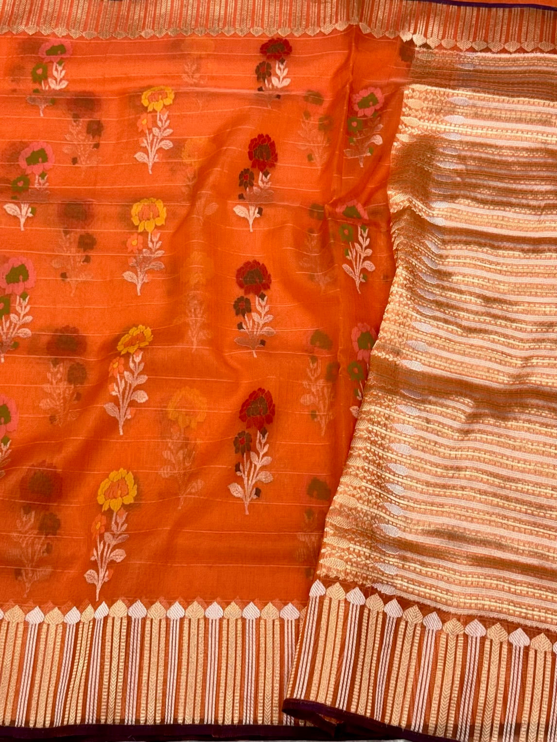 Orange Pure Kora Organza Silk Jamdani | Ektara Technique Handwoven Banarasi Saree