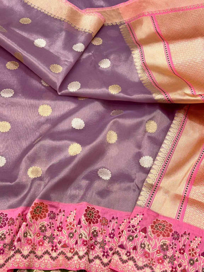 Lilac Pink Pure Kora Silk & Pure Tissue Silk - Handwoven ( Kadhwa ) Modern Banarasi Saree