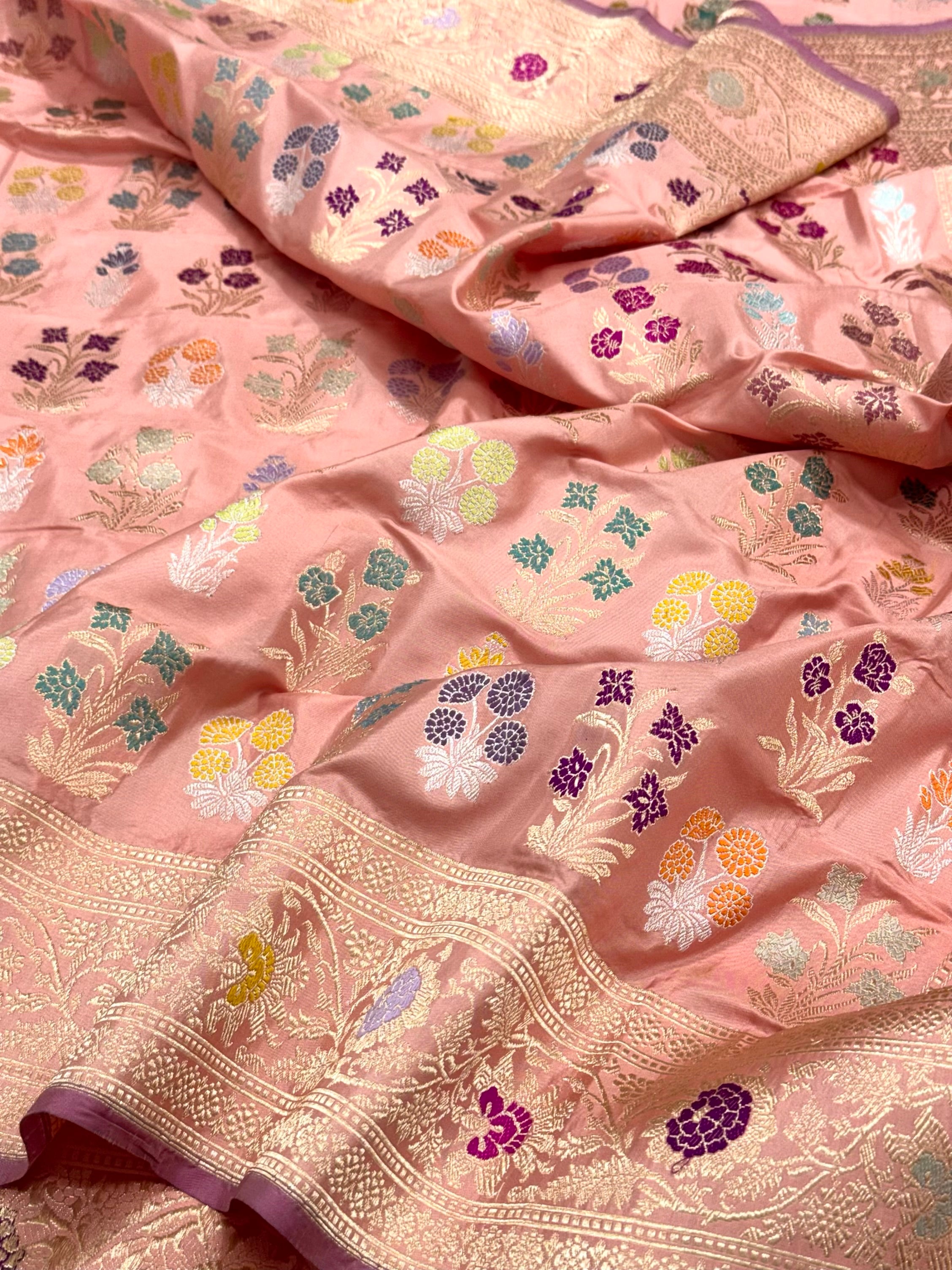 Peach 100% Pure Banarasi Double Katan Mulberry Silk Handwoven Saree | Kadhwa Technique |