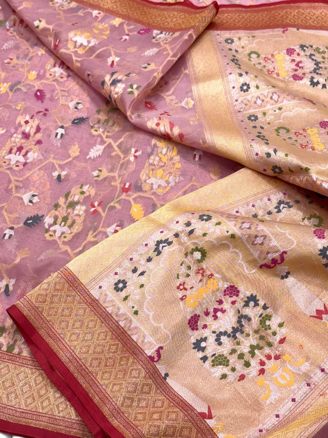 Mauve Pink Pure Soft Kora Silk - Ektara Weave Handloom Banarasi Saree