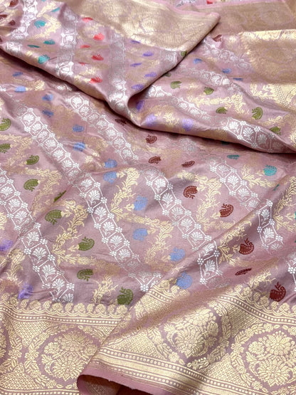 Mauve Pink Pure Katan Silk Saree | Kadhwa Technique | Handwoven Banarasi Saree | 100% Pure Mulberry Silk Saree
