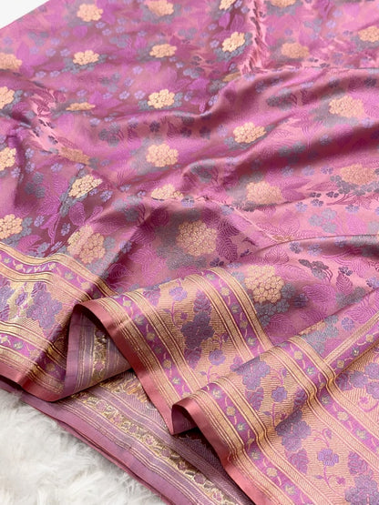 Baby Pink Pure Mashru Satin Silk Handwoven Banarasi Saree- Tanchoi