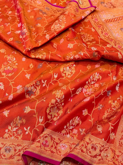 Rustic Orange Pure Mulberry Katan Silk Ektara Weave Jamdani Handloom Banarasi Saree