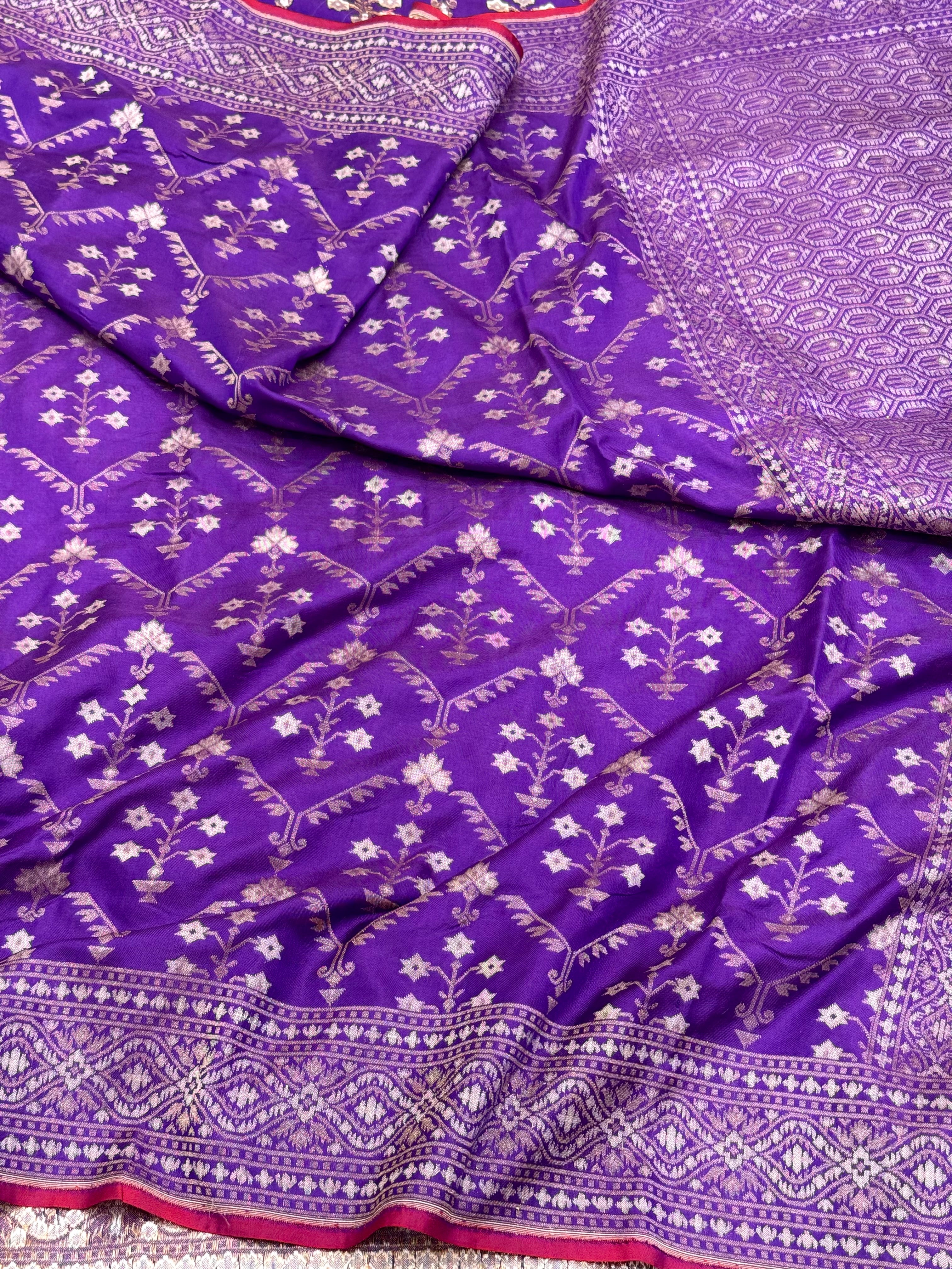 Purple Pure Mulberry Katan Silk Jamdani Handwoven Banarasi Saree- Ektara Weave