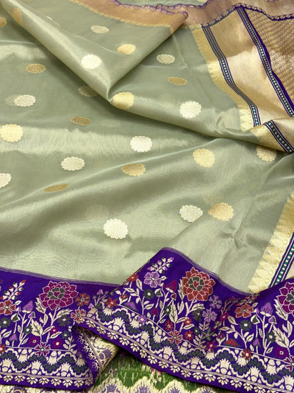 Pista Green Pure Kora Tissue Silk Handwoven Banarasi Saree