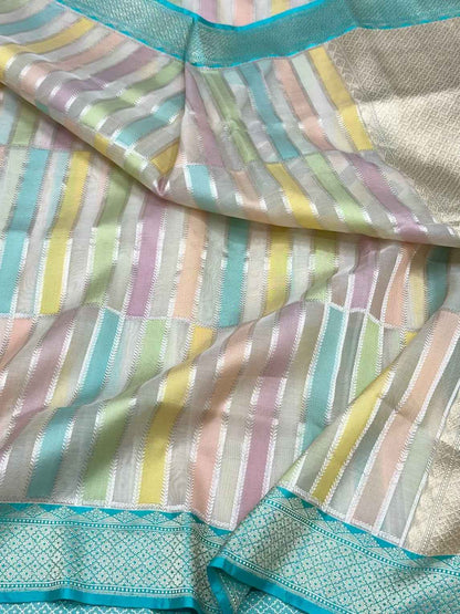 Ivory Pure Kora Silk Handwoven Banarasi Saree | Kadhwa Weave |Contemporary Saree - Rangkaat weave