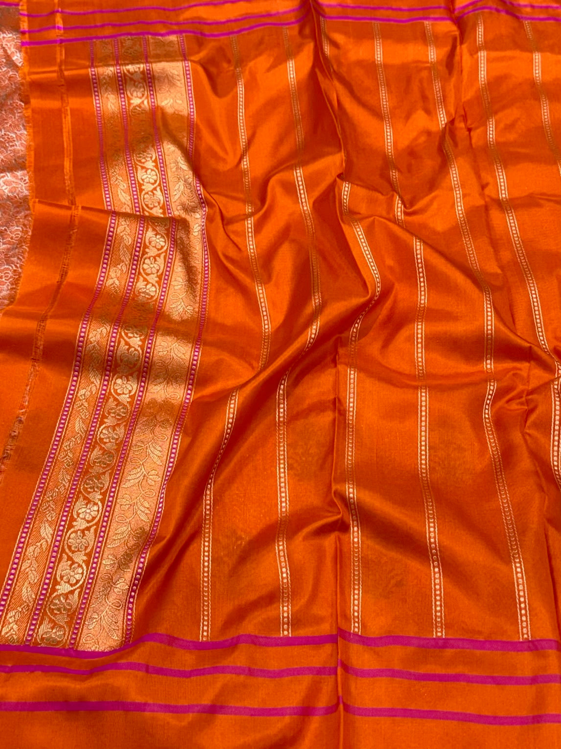Orange Pure Mulberry Katan Silk Handwoven - Kadhwa Techique Modern Banarasi Brocade Saree