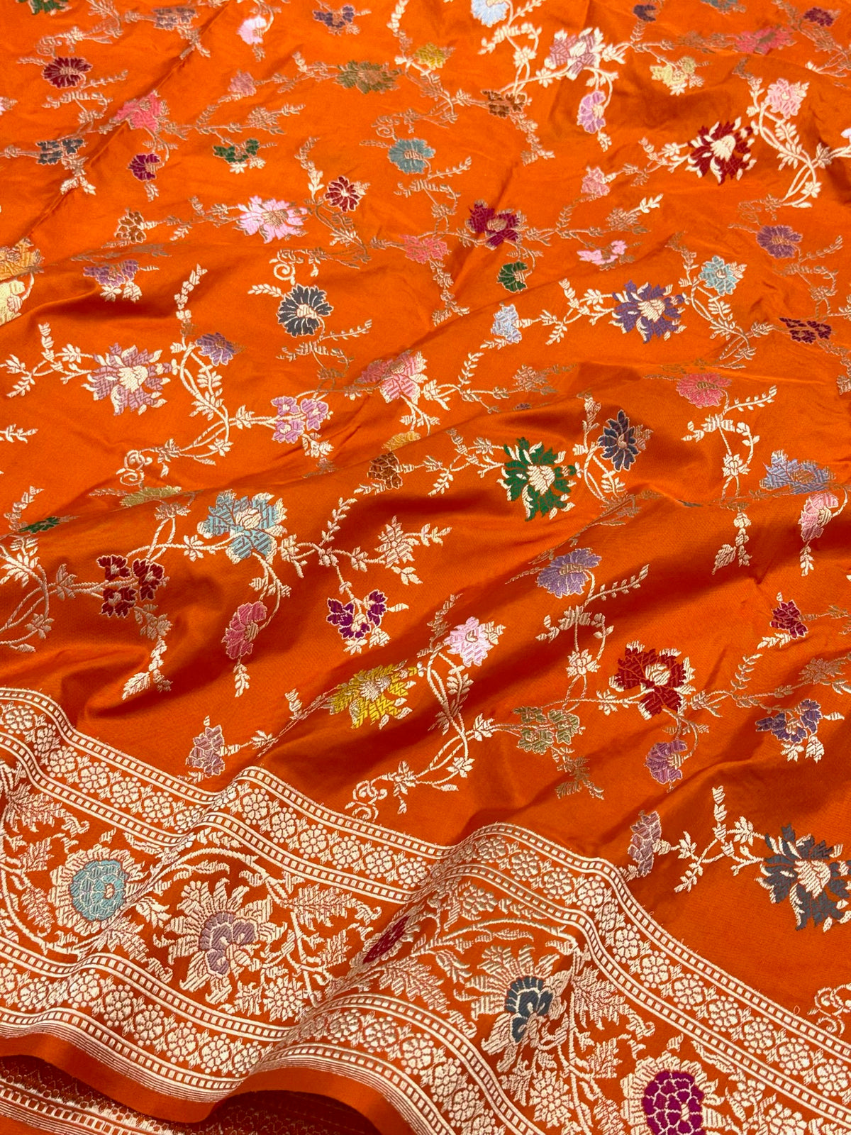 Orange Handwoven Luxury Banarasi Saree - Pure Mulberry Double Katan Silk Banarasi Saree | Kadhwa Weave | The Luxe Drape