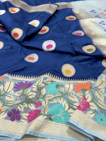 German Blue Pure Mulberry Katan Silk | Kadhwa + Kadhiyal Technique | Handwoven Banarasi Saree