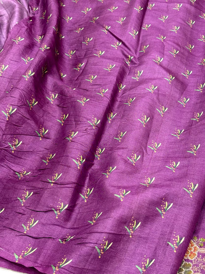Magenta Pure Tussar Silk Handloom Printed with Embroidery Banarasi Saree - Soft Lightweight Banarasi Saree