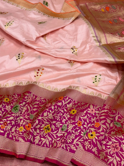 Powder Pink Pure Katan Mulberry Silk Banarasi Saree | Royal Banarasi Handwoven Kadhwa Saree