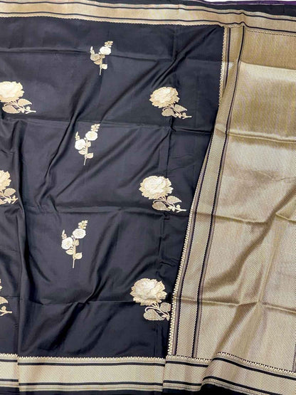 Black Pure Katan Mulberry Silk Handwoven Modern Banarasi Saree With Kadhwa Artistry