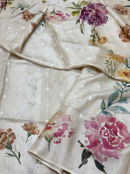 Ivory Pure Tussar Silk Handloom Printed with Embroidery Banarasi Saree - Soft Drape