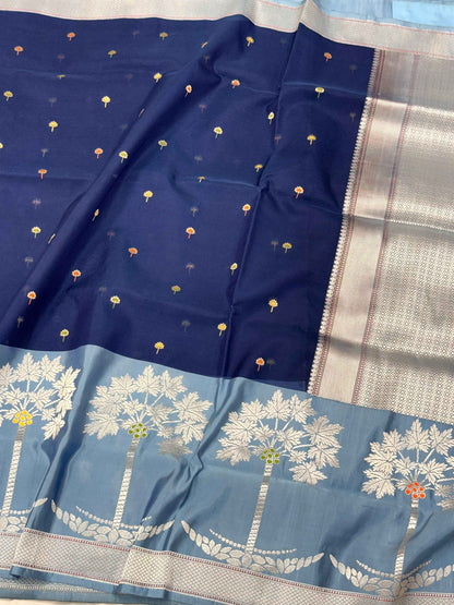 Navy Blue/Blue Gray Pure Kora Silk Contemporary Handwoven Banarasi Saree