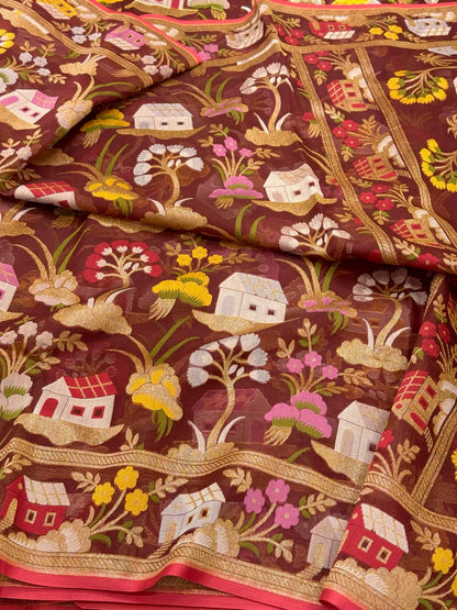 Maroonish Brown Pure Mulberry Kora Silk Saree | Ektara Weave - Soft Drape & Lightweight  Handloom Jamdani Banarasi Saree