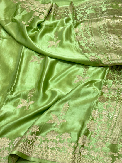 Pista Green Pure Mashru Satin Silk Handwoven Banarasi Saree