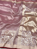 Rose Gold Pink Pure Tissue Silk Saree - 100% Pure Kora Silk | Kadhwa Weave | Handwoven Banarasi Silk Saree - Modern Contemporary Saree