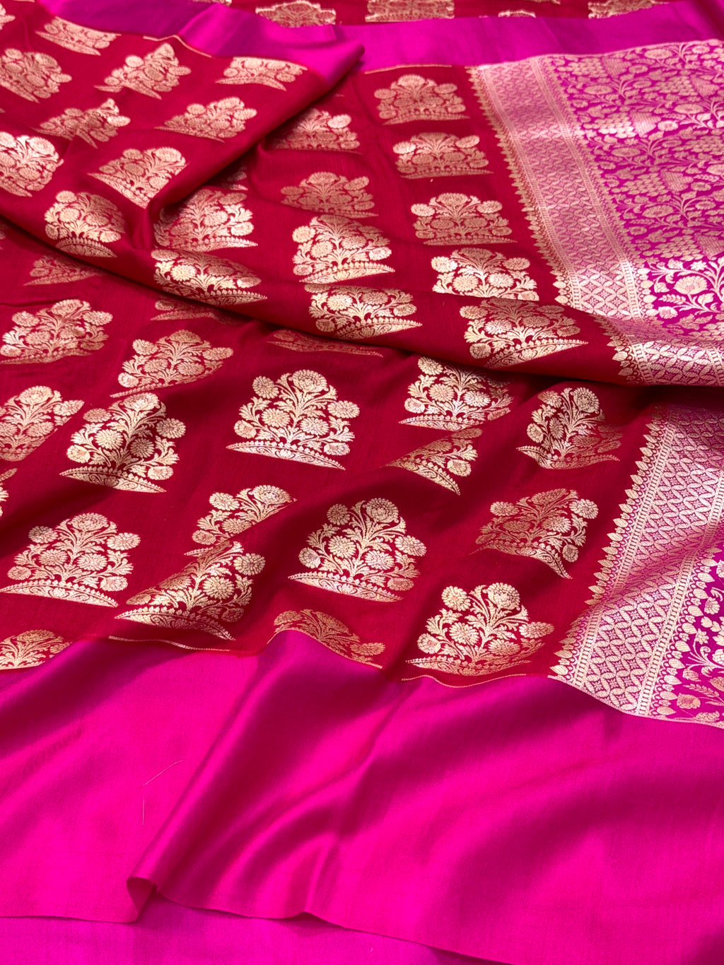 Red Pure Mulberry Muga And Satin Silk Banarasi Saree - Lightweight soft drape