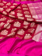 Red Pure Mulberry Muga And Satin Silk Banarasi Saree - Lightweight soft drape