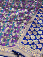 German Blue Pure Mulberry Katan Silk Handloom Banarasi Saree |Rangkaat|