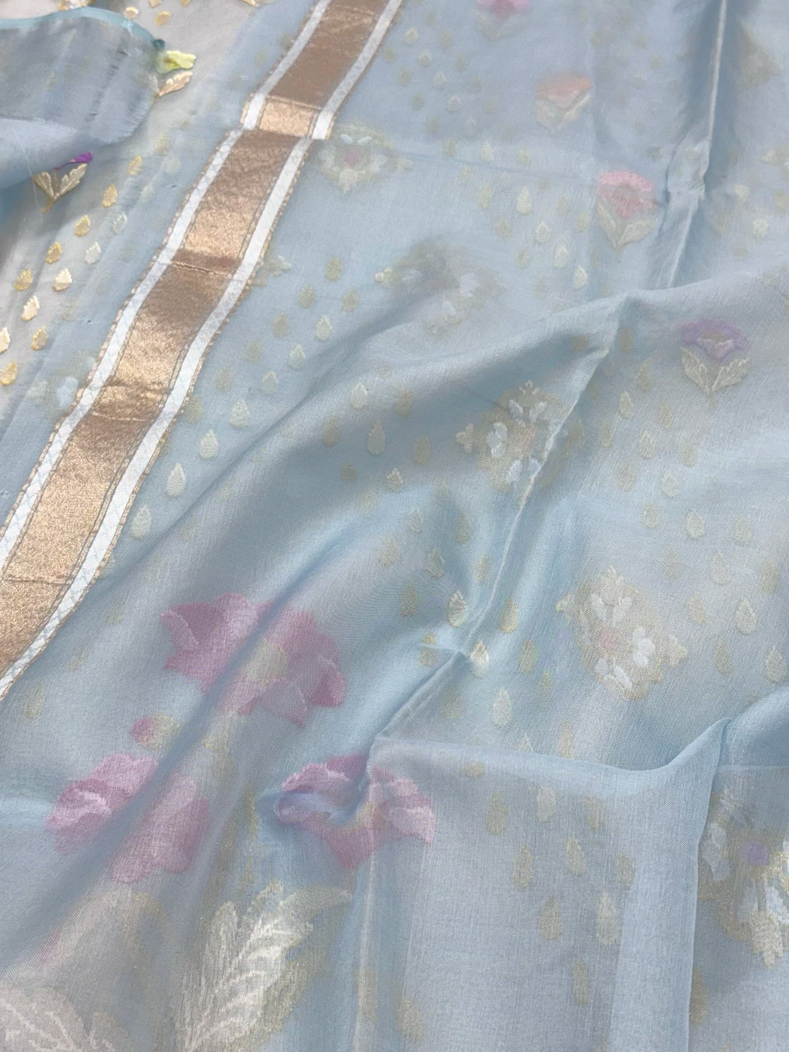 Sky Blue Pure Mulberry Kora ( Organza ) Silk Ektara Jamdani Handloom Contemporary Banarasi Lightweight Saree