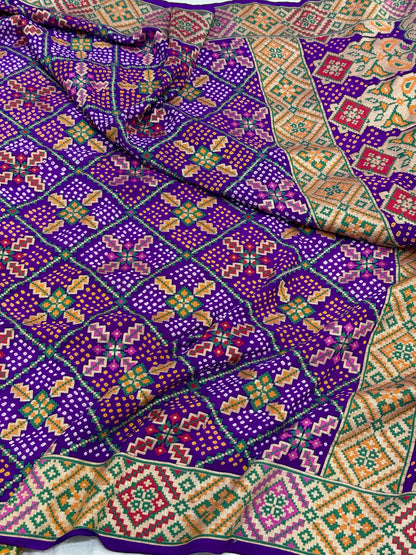 Purple Pure Chiffon Khaddi Georgette Banarasi Bandhej Handwoven Saree
