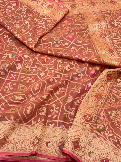 Dusty Peach Pure Muslin Cotton Saree |Ektara Jamdani Handloom Banarasi Saree