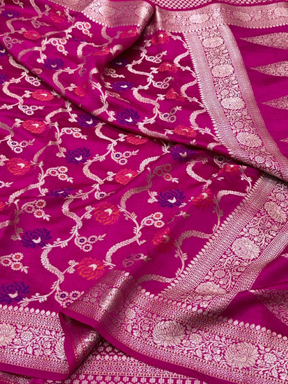 Hot Pink Pure Mulberry Chiniya Silk Meenakari  Banarasi Saree- Lightweight