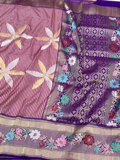 Berry Pink Pure Katan Silk Ektara Saree - Pure Mulberry Silk | Kadhwa Weave Modern Contemporary Banarasi Silk Saree