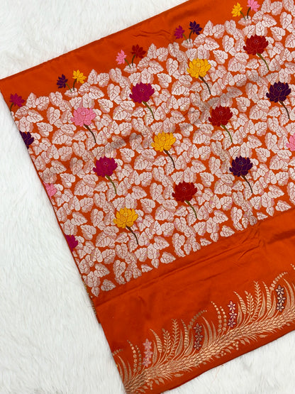 Orange Pure Mulberry Katan Silk Handwoven Banarasi Saree