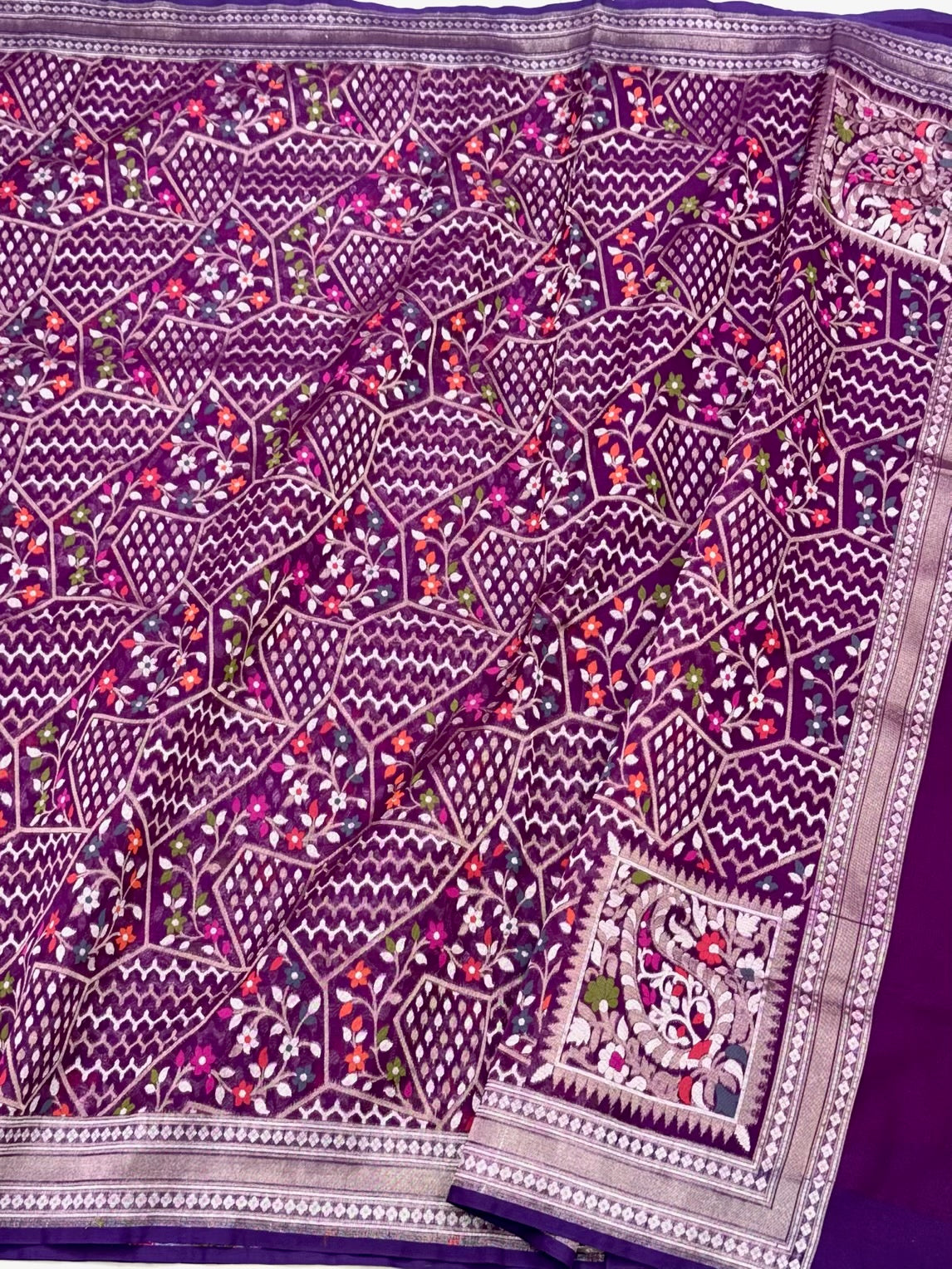 Magenta/Purple Pure Kora Silk Saree -Ektara Technique | Pure Mulberry Silk Handwoven Banarasi Saree