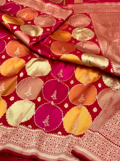 Red Pure Mulberry Katan Silk Handloom Banarasi Rangkaat Saree