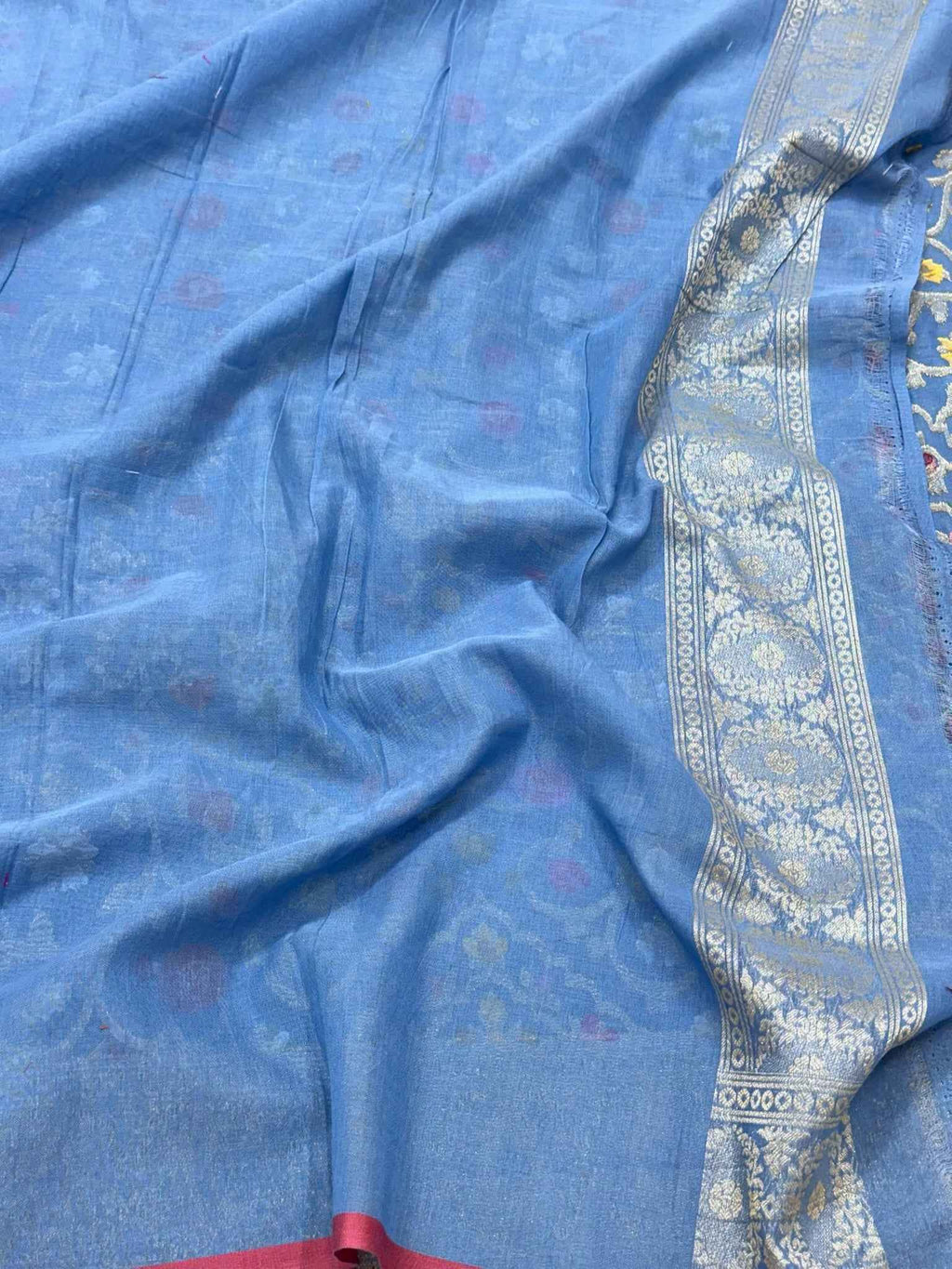 Blue Pure Muslin Cotton Jamdani Handloom Banarasi Saree | Ektara Weave |