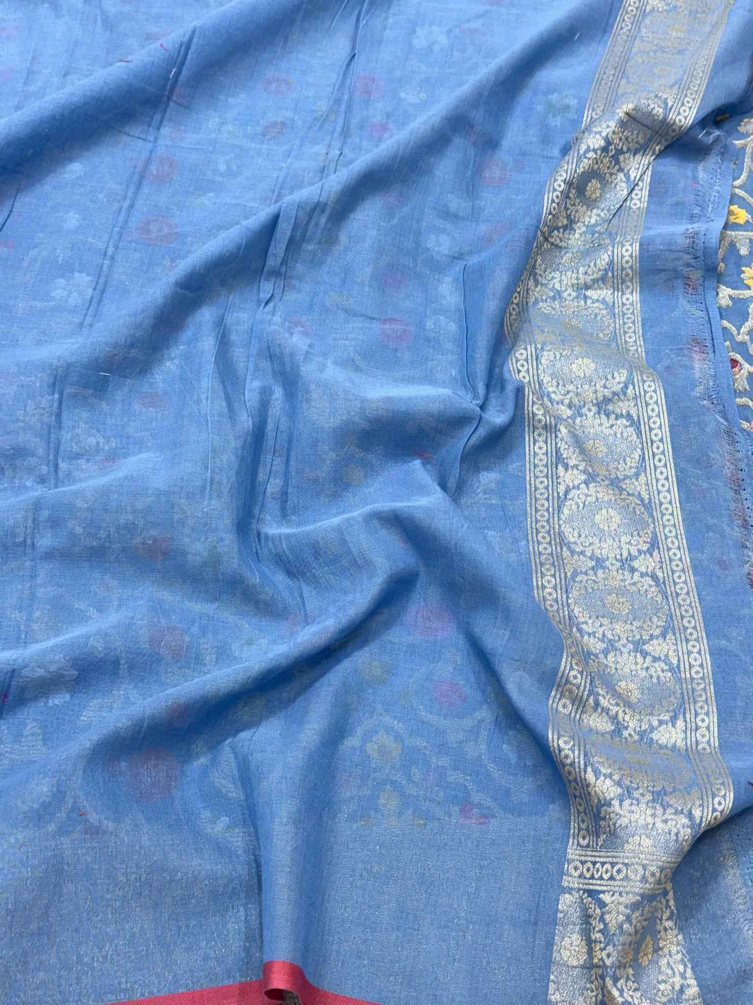Blue Pure Muslin Cotton Jamdani Handloom Banarasi Saree | Ektara Weave |