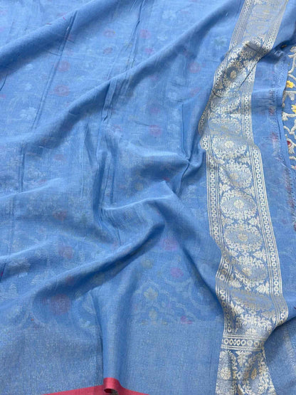Blue Pure Muslin Cotton Jamdani Handloom Banarasi Saree | Ektara Weave |