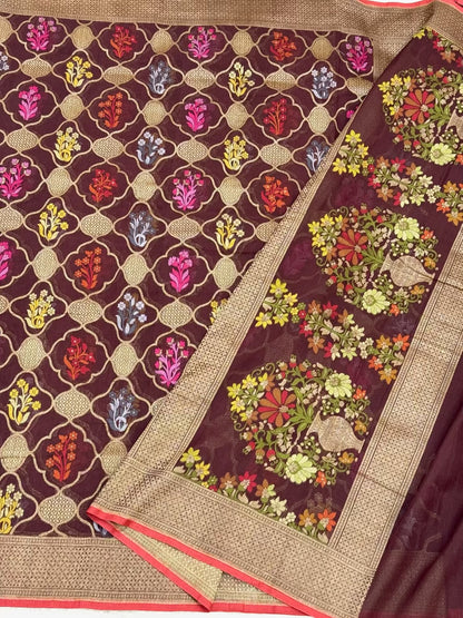Brown Pure Muslin Cotton Jamdani Handloom Banarasi Saree |Ektara Weave|